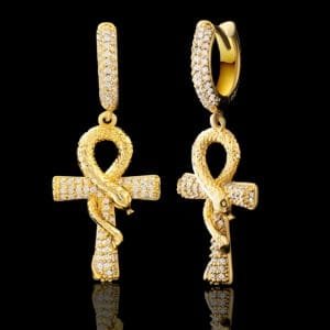 Gold Snake Wrapped Cross Diamond Earrings
