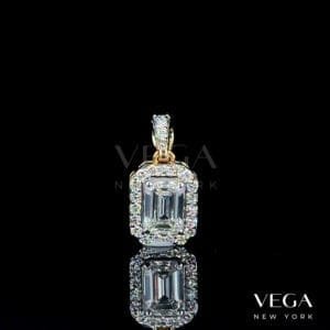 Emerald-Cut lab diamond Halo Pendant in yellow gold