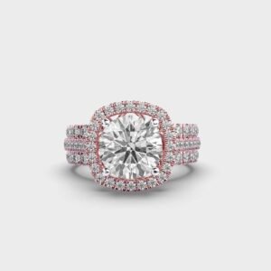 Cushion Cut Diamond Three Shank Halo Engagement Ring