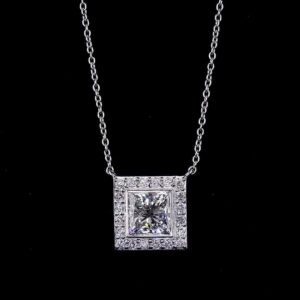Princess Cut Diamond Square Halo Pendant - White Gold