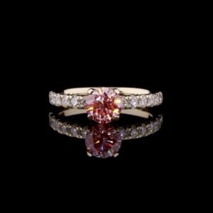Rare Pink Round Solitaire Engagement Ring with Pavé Band