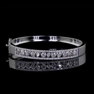 Luxury White Gold Bangle | Center Round Diamonds with Diamond Halo Borders | Vega New York